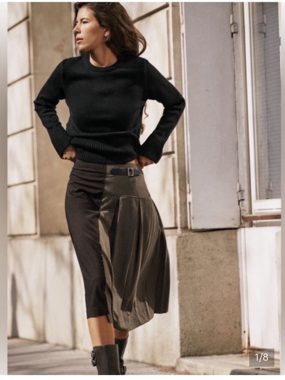 Zara Two-Tone Asymmetrical Midi Skirt in brown and taupe houndstooth pinstripe
